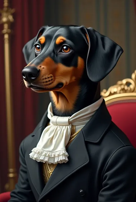  realistic half-bust portrait of a dog breed crossed between dachshund and rottwailer with a tender face, Ears allIngiu dressed as a Duke on a serious royal background  