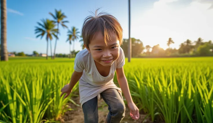 A 20-year-old rural Thai boy named Bualoy. He has squinted eyes and a hunched back. Bualoy wears simple clothes, a short-sleeved white shirt, dirty jeans, and old sandals. His posture shows strength and determination, despite the sad smile on his dusty fac...