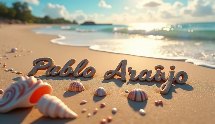 Write my name Pablo Araújo on the sand near some beautiful seashells with a very legible name