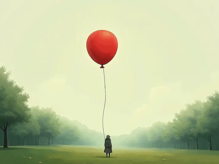 The small red balloon with a thread in a park similar to the original, But without the girl .  The shadows or the environment may suggest nostalgia.