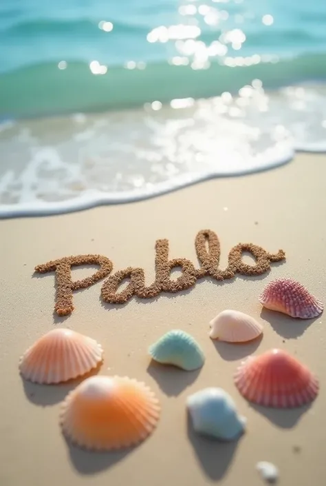 Write my name Pablo on the sand next to some pretty seashells with a very legible name