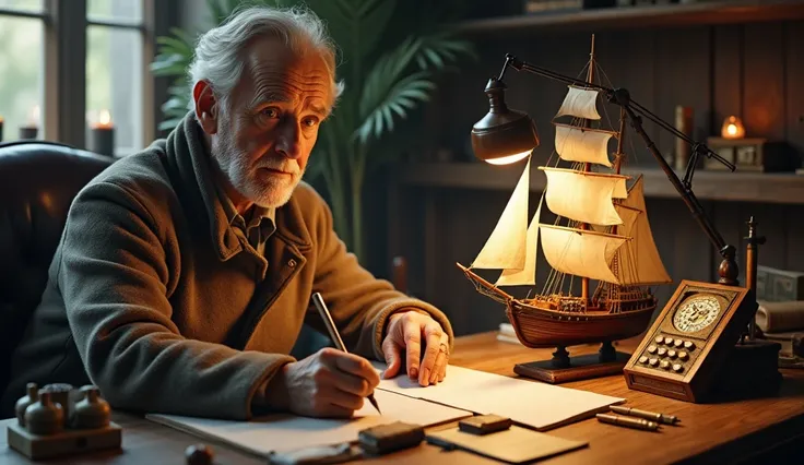  A work created by an old man journalist desk with microphone and retro telephone whose hobby is building model sailing ships,Medieval European Sailing Ships , A miniature pedestal that projects a scene 