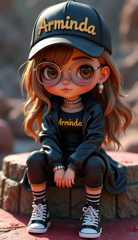 A captivating 3D digital illustration of a chibi princess dressed in a striking black leather outfit, with the word "Arminda" written in bold letters on her chest. She poses confidently sitting on a Galaxy sign, accentuating her modern style. Her brown hai...