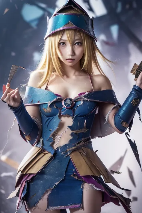 R18, sexy, (((( dark magician girl)))),((((real)))), 8k octane ,  Portrait Photos ,  ((pretty girl))、((beautiful Japanese middle school girl)), (((blond)))、((((Tattered Dark Magician Girl Outfit))))、((((Broken clothes))))、(((Broken clothes)))、