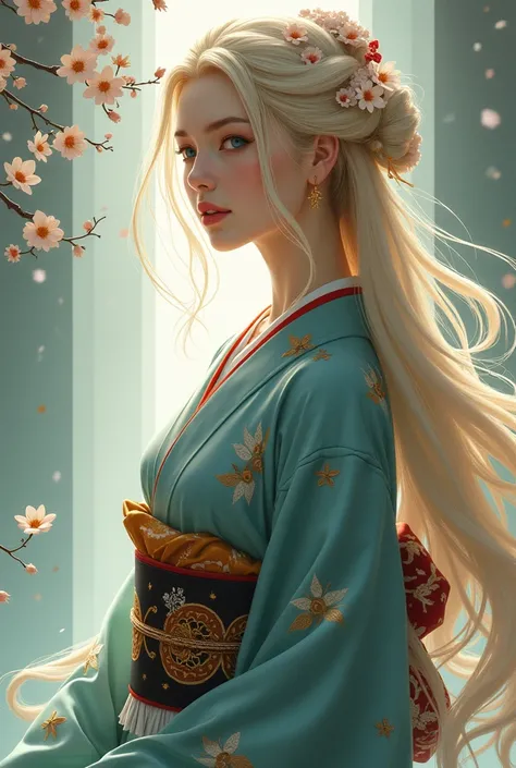 A beautiful woman with pale white skin, long beautiful blonde hair that covered her back, the eyes is blue like ocean and have perfect hourglass curves body. With Kimono in Heian era