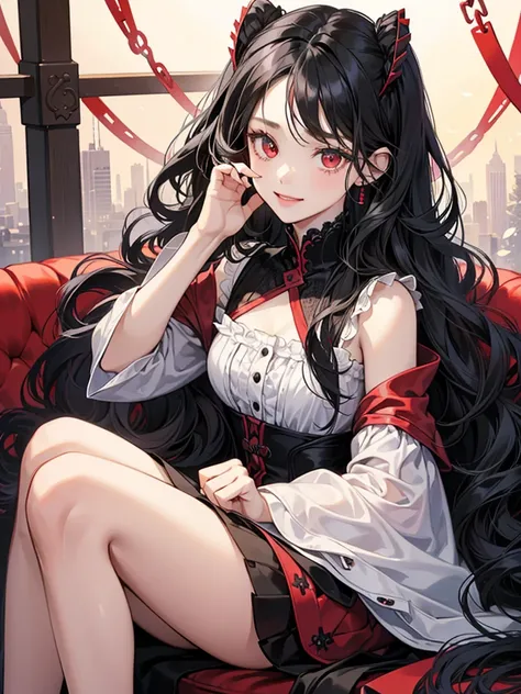 girl, with red eyes, black long wavy hair. she so arrogant, pretty. sadistic eyes. have. big eyes. she so pretty and beautiful. wear dress. she . little. cute. smiling cute. short. have bangs in hair. cute.  short. . young lady. sit. she little and cute