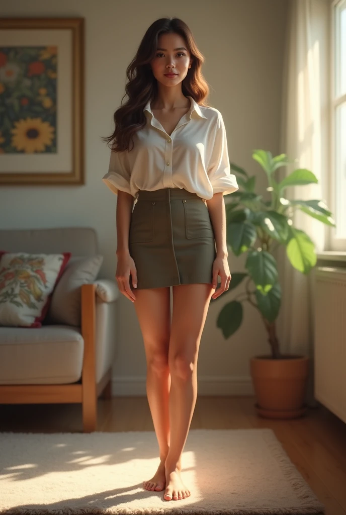 A girl with a Brazilian face,25 years old，Full body shot， bare legs ，Standing front，reality，Slightly fat，pretty，Front view， skirt+ tight shirt ，Home, bokeh 
