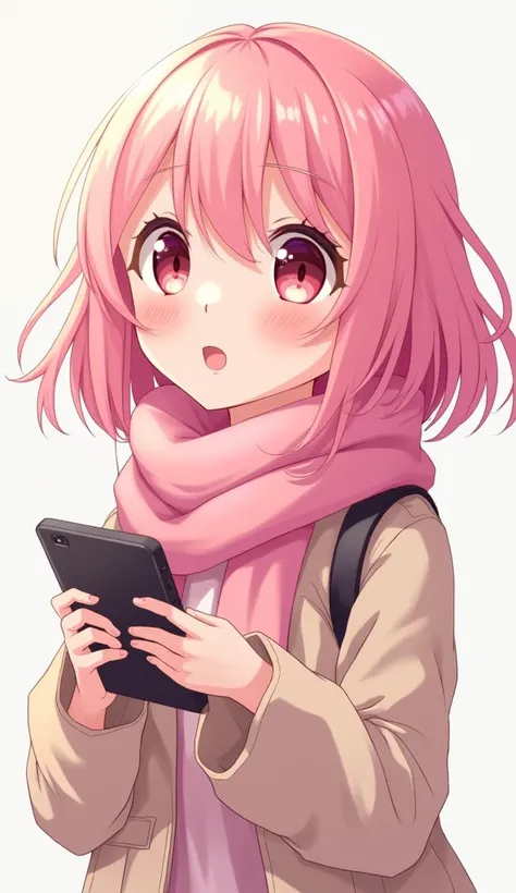 anime girl with pink hair and pink scarf holding a cell phone, cute anime girl, flat anime style shading, an anime girl, (anime girl), anime artstyle, anime girl, high quality anime artstyle, young anime girl, anime art style, made with anime painter studi...