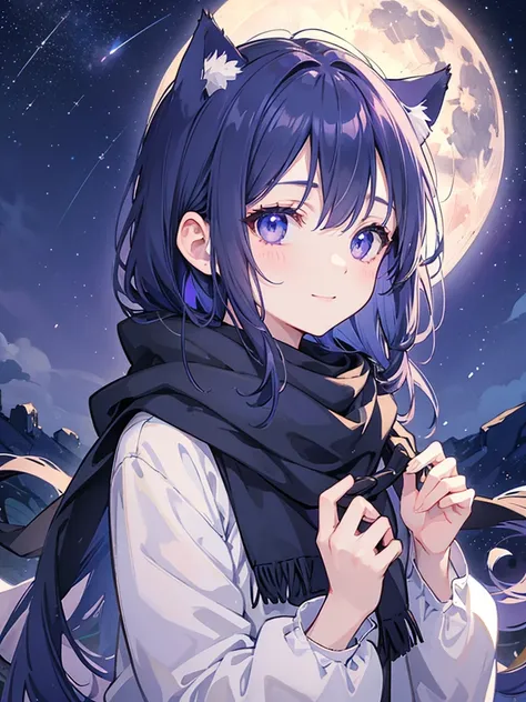 Indigo Hair、Indigo eyes、Night Sky、 lots of stars、I can see the moon、Cat ears、Wear a scarf、Night Skyを見上げる、 face up、I look up at the night sky 、Shining eyes、 smiles、One person、profile、Stars are reflected in my eyes 