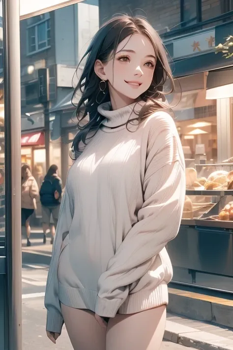 masterpiece,  top quality ,   very aesthetic  ,  absurd, 
 One girl , Alone, glass,  black hair,  long hair,  White Ribbed Sweater ,  happy , smile,  Watch viewers,   open mouth,  single focus ,
king, scenery, Storefront, Food, shop, ,  outdoors on the str...