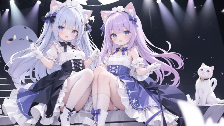 Cute Loli，   cute faces，Close one eye，Smile， Piece logo，   purple hair，   long hair，Cat ears，Big blue eyes，  white Lolita  ， Pleated Skirt，White gloves，Foot ring，Headdress，White boots，singing，stage