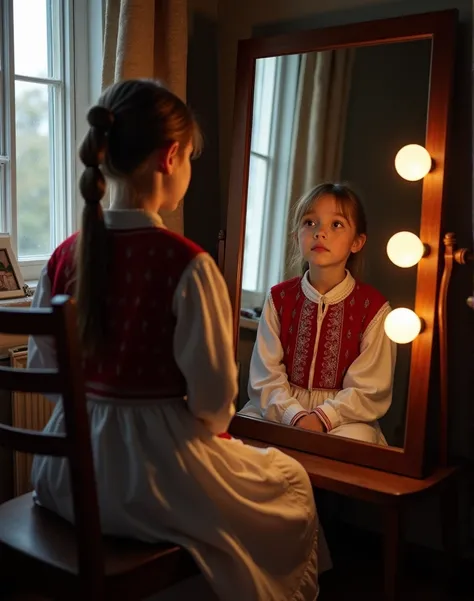  A girl weaves a pigtail in front of the mirror and looks at her reflection . The room is dark and only Her figure is illuminated by light bulbs from the mirror.  In the mirror, you can see on the windowsill a picture and the reflection of a curtain in the...