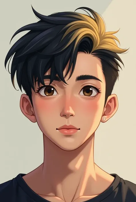 Give me an image of a 19-year-old male adolescent boy that looks real and who looks like a boy not a girl,  with black hair at the base and the top dyed in soft yellow, without glasses or earrings .