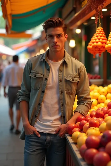 A young man standing by a fruit canteen is very handsome