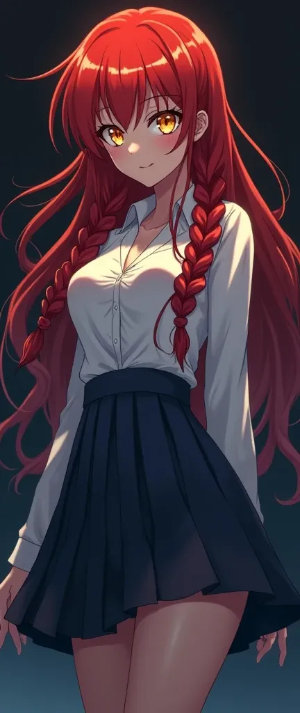 Shinji (chainsaw man),  top quality ,  super detailed , 1girl,  solo , Standing,  red hair, long braids,   golden eyes, Bangs,  huge breasts,  white shirt ,  Dark Blue Pleated Skirt ,  Super high heels Thin heels ,  clearly visible full leg stockings, tie,...