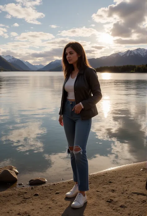 isabella,long brown hair, hazel eyes,White skin,22 years old,dynamic,woman,posing with random clothes, its 9 in the morning and shes outside, near the Lago Llanquihue in Puerto Varas, southern Chile, a partially clouded sky is reflecting over the lake.