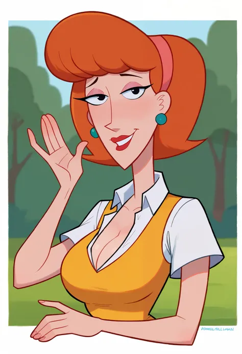 score_9, score_8_up, score_7_up, BREAK, 1girl, solo, breasts, mature female, linda flynn-fletcher, black eye color, lindaflynnfletcher, makeup, hairband, two earrings one on each ear, white shirt, collared shirt, vest, short sleeves, upper body, big breast...