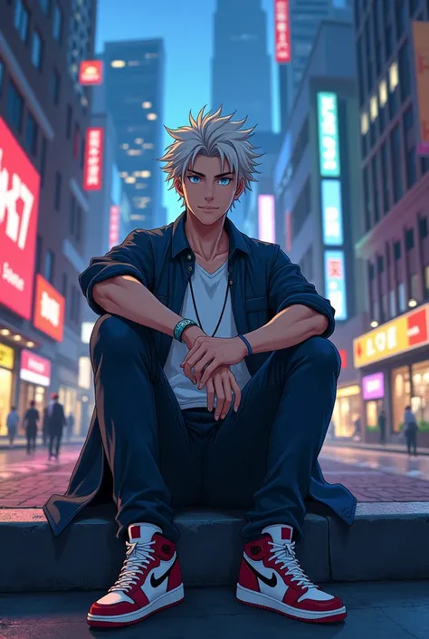 gojo satoru, Sitting on the curb,  in art style , realism, smile, jordana sneakers, evening, metropolis, bright blue eyes, 