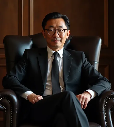 Realistic, Handsome  Asian lawyer 55 years under cut dark brown hair, charming face and looking good, ultra high resolution face details, wearing eyeglasses white shirt black suit and necktie , dark tan skin , all body visible, looking at the viewer, looki...