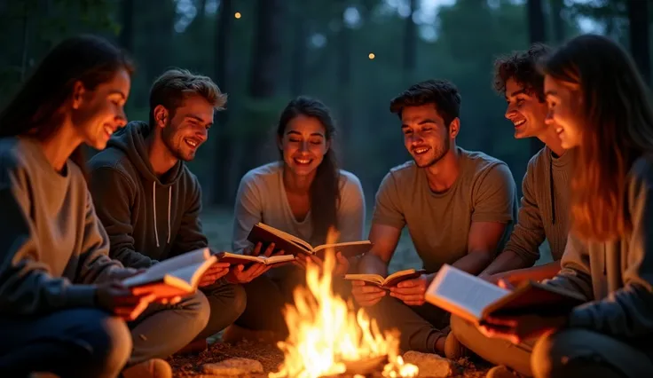 :  A group of young people at a retreat camp , reading Isaiah 41 : 10 around a bonfire with eyes of inspiration and renewal