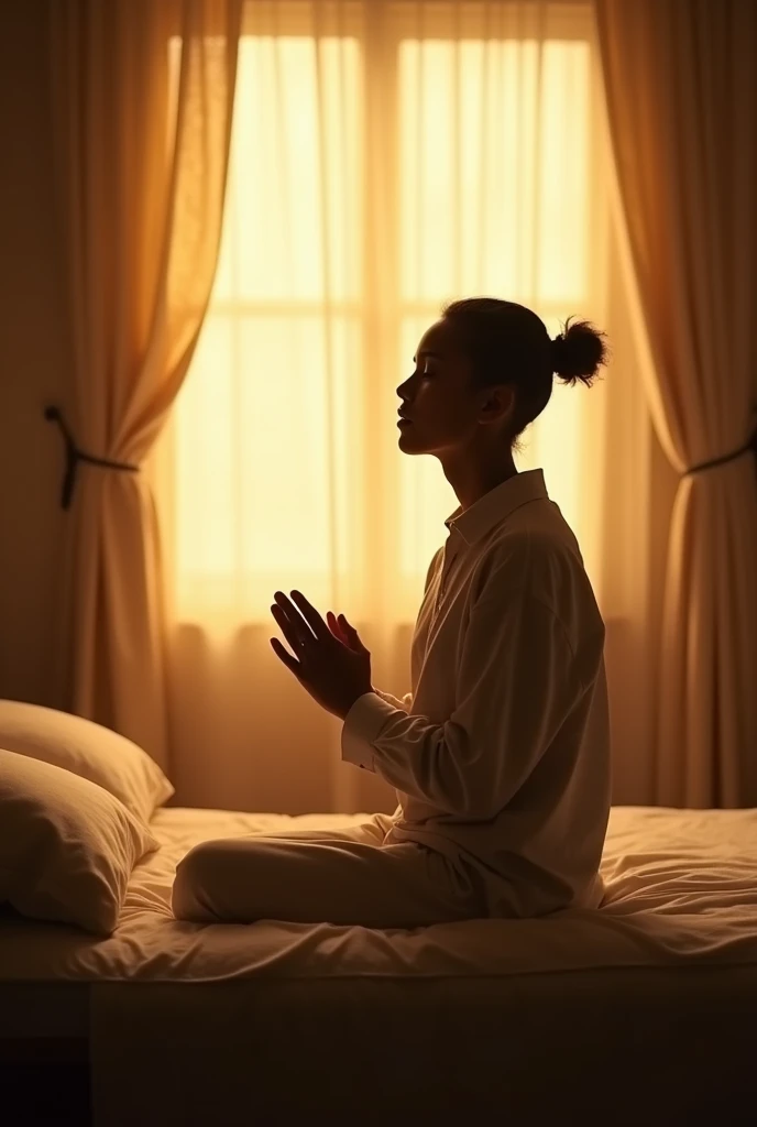 A person praying by their bedside, hands clasped, eyes closed, with warm morning light streaming through the window, creating an atmosphere of calm and devotion.


