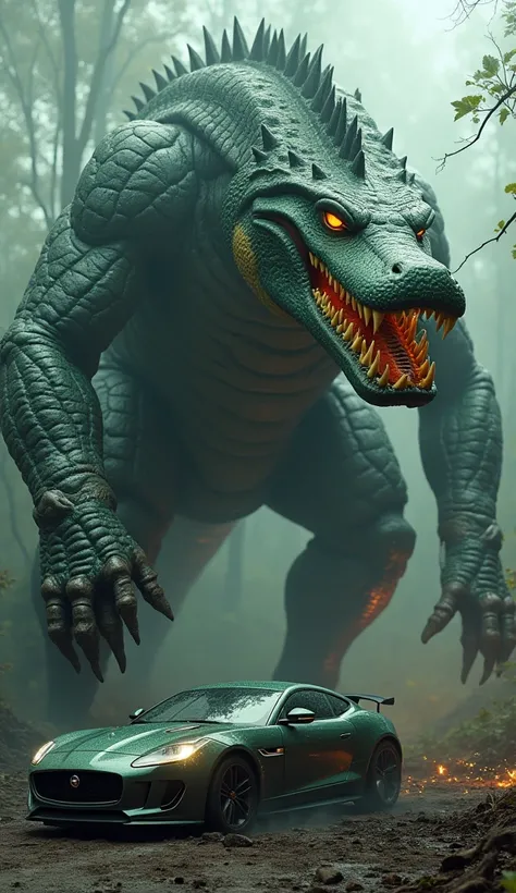 A colossal hybrid monster combining the sleek design of a Jaguar F-Type R and the terrifying anatomy of a Sarcosuchus. Its twisted body fuses metallic and organic elements: the front half resembles a deformed sports car with jagged edges, grotesque mechani...