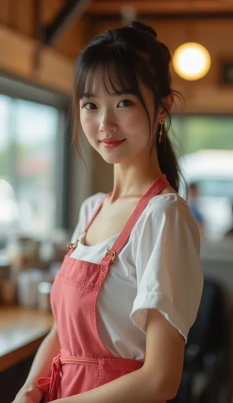    The most beautiful Japanese girl in the world works in a cafe, I can see the bust 、Shes naked wearing an apron   , full body 、  she is very slim  , realist, High Definition , masterpiece,  won many awards ,  ANATOMICALLY CORRECT ,  top quality ,    Ultr...