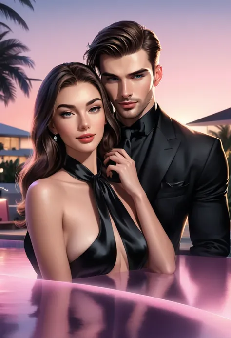 Make an illustration of a handsome 25-year-old man, identical to Chris Evans, a man wearing a black suit, in front of a apartemen, with a beautiful British woman identical to Dasha Taaran, a woman with straight hair amd , , light skin, a woman wearing a lo...