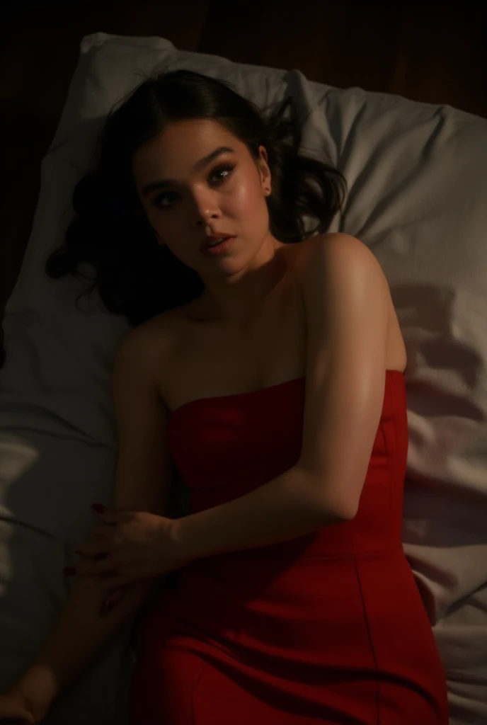 Hailee Steinfeld, picture from above, lying  limp on a bed, red strapless dress, black bob cut hair