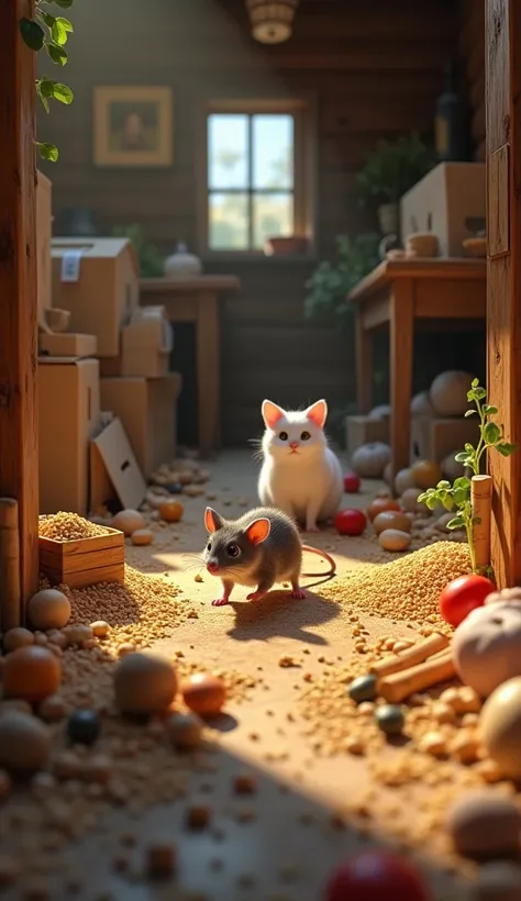 In cinematic 3D style ,HD image, realistic image, colourful image. 
Action,This is a wooden house. There is a lot of food stuff lying on a table and many boxes are lying there. All the boxes have fallen and stuff has fallen from them and a lot of grains an...