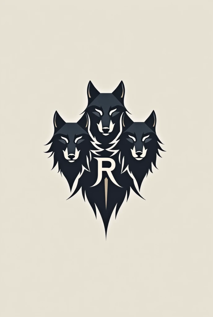 Create a logo based on the head of 3 linear wolves with the letter R 