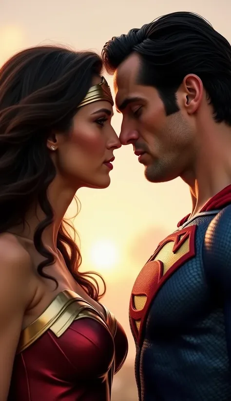 create a realistic image of dc wonderwoman and superman kising lip to lip