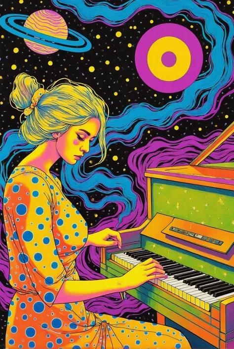  brightly colored artwork of a woman playing a piano,  Michael DeForge Screenprint  , Tumbler,  psychedelic art,  Space LSD Poster Art , black light velvet poster, Color Screenprint , Psychedelic LSD ,   psychedelic illustration  , Psychedelic Concert Post...