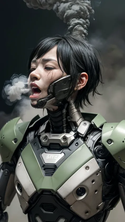 ,  非常に  Detailsな,   Details,   high image quality, 最  high image quality,     High Definition   , 1080P 、  smoke coming out of the wound   　  green armor  、    Steam Coming Out   、cute((全身のSerious damage))(   injured woman wearing a robotic suit...)()(Brok...