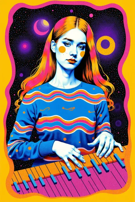  brightly colored artwork of a woman playing a piano,  Michael DeForge Screenprint  , Tumbler,  psychedelic art,  Space LSD Poster Art , black light velvet poster, Color Screenprint , Psychedelic LSD ,   psychedelic illustration  , Psychedelic Concert Post...