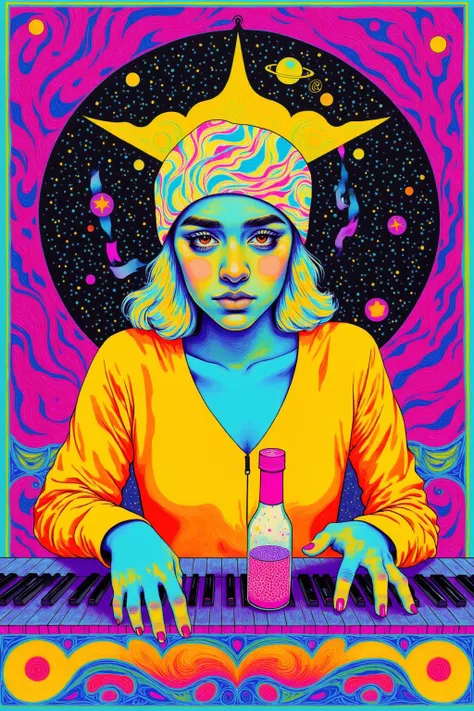  brightly colored artwork of a woman playing a piano,  Michael DeForge Screenprint  , Tumbler,  psychedelic art,  Space LSD Poster Art , black light velvet poster, Color Screenprint , Psychedelic LSD ,   psychedelic illustration  , Psychedelic Concert Post...