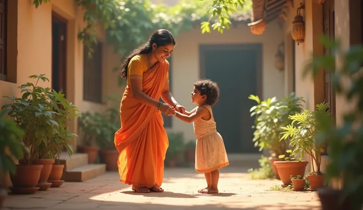 An Indian middle-class mother is playing with her   in the courtyard of their home. Both the mother and the  are very happy.