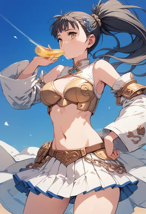 pt，pt，pt，pt，（ top quality ，4K，8k），pt、 ponytail， fantasy fashion，A scene from an anime，cool scene ，The wind blowing through， pleated skirt，Belly button， sleeveless tops ， asymmetrical design outfit，long yellow ribbon ， girl standing on an otherworldly prair...