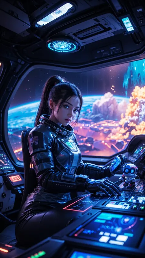 realistic image about inside a high-tech spaceship cockpit, a young female astronaut with black ponytail hair, looking at te camera works on a holographic control panel. She wears a futuristic, armored spacesuit with glowing blue accents. Beside her, a sma...