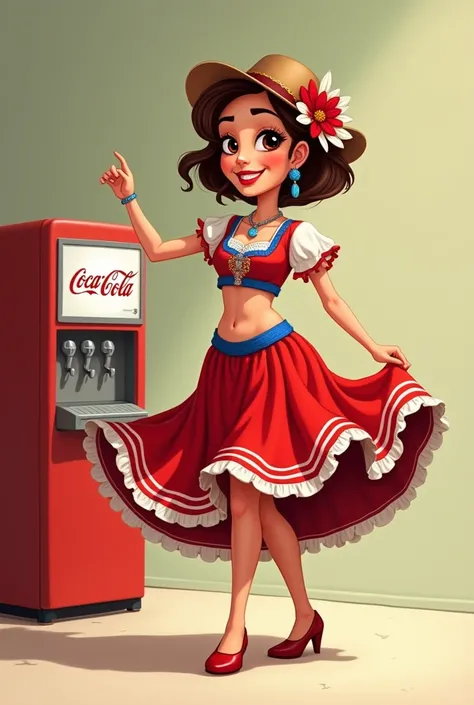 Cartoon of a short woman with a normal body and wide hips with short brown hair and brown eyes dancing in a typical Costa Rican costume in red, blue and white colors and a Coca-Cola dispensing machine in front.