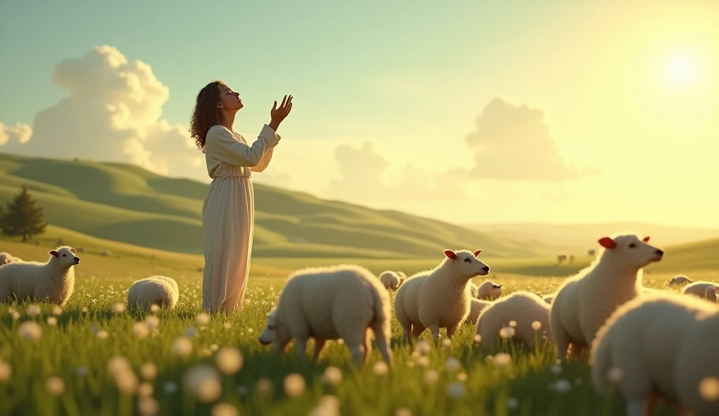 Davi no field, reciting Psalm 103 : 8 with their hands raised to the sky,  surrounded by quiet sheep .