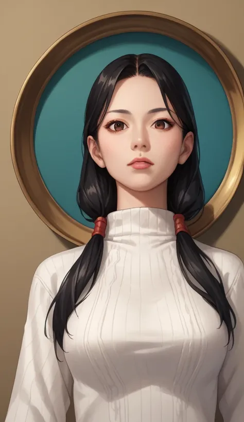  Portrait of a young woman wearing a white sweater, beautiful Chinese resources , straight black hair that hangs down below the chin,  narrow brown eyes that betray an ancient soul ,  zpDXL2 PnyCmicXLPoS, score_9, score_8_above, score_7_above, to break