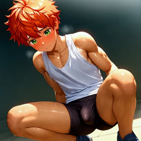 1boy, shine tan skin, shota, sweat, muscular, short tank top, tight short pants, school ground, squatting, bulge, sunshine, embarrassed,  short hair, messy hair, orange hair, green eyes, cinematic lighting, masterpiece, best quality, 3d cg rendering, hong ...