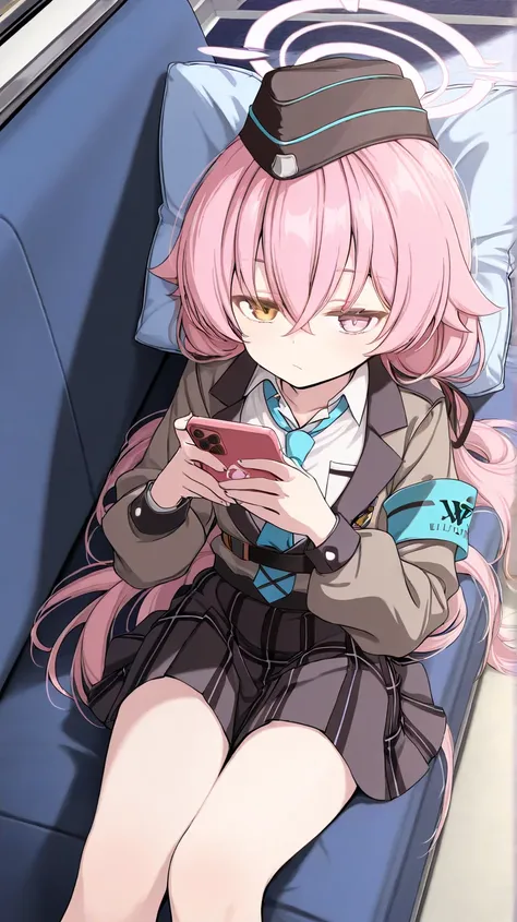 (high quality, ultra-detailed), Blue Archive, Hoshino Takanashi, uniform, bored, watching her phone, lying on viewers lap