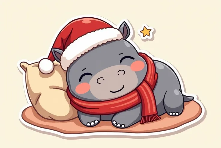 Cute cartoon japanese kawaii grey pygmy hippo, Sticker style, smile face, wear red santa hat, wear Christmas scarf, sleep on bed, light background, look like pygmy hippo moo deng