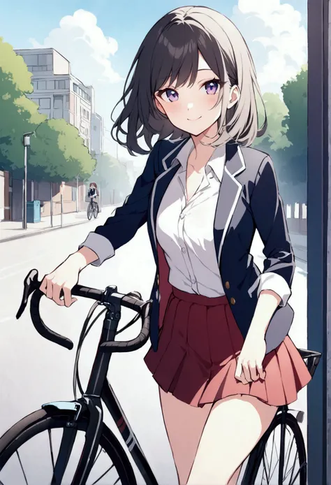 From the waist up, high school girl,smile,bicycle, miniskirt