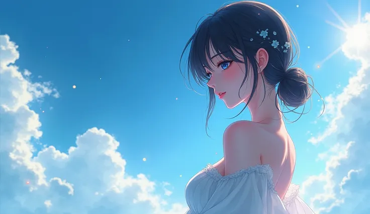 anime sexy woman, the background is a blue sky with some clouds on it, the woman is the left of the image, the woman is near to the camera, glare, lens flare, cinematic, particles