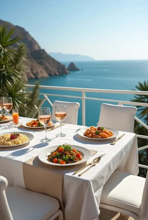  a luxurious terrace with a table with a linen towel, with 4 luxurious white chairs ,  on the table 4 plates , 1 rice platter ,  1 vinaigrette platter , 1 mayonnaise platter , 3 glasses of 2 glasses of wine, 2 glasses of juice  