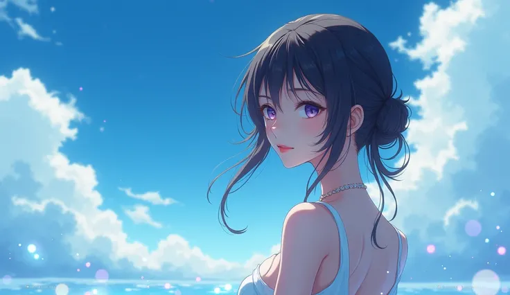 anime sexy woman, the background is a blue sky with some clouds on it, the woman is the left of the image, the woman is near to the camera, glare, lens flare, cinematic, particles