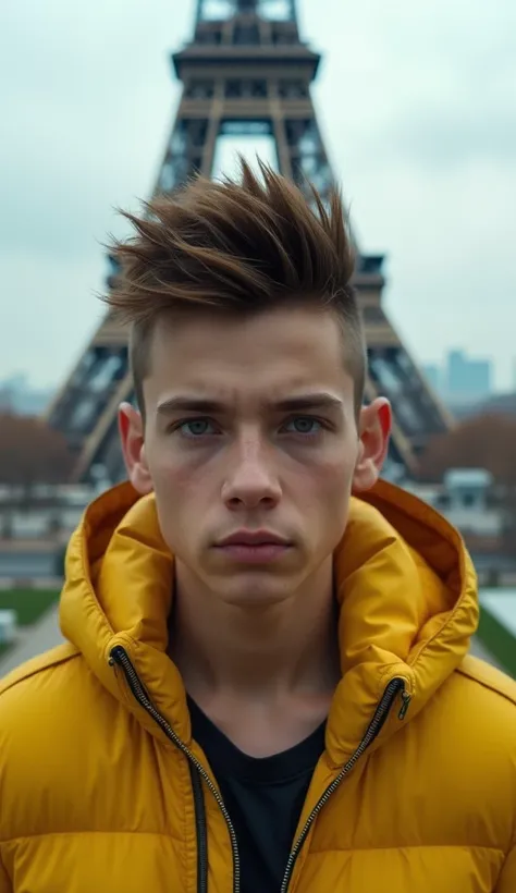 foto RAW,  a close up photo of a 16-year-old portrait in front o Eiffel Tower in Paris. . The 1. european  european slavic boy , Alone, realistic,shirt,jacket, cyberpunk,  spiked hair,castanho jacket, yellow jacket,  in the background is ruins of the city ...